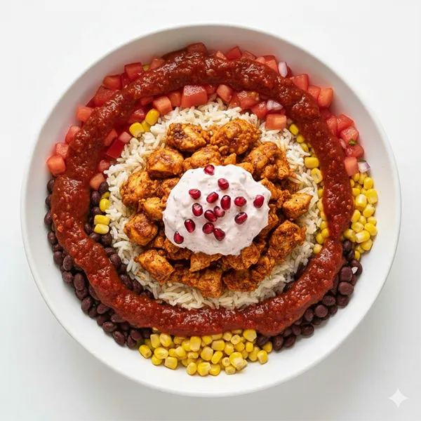 chipotle chicken burrito bowl with pomegranate sour cream